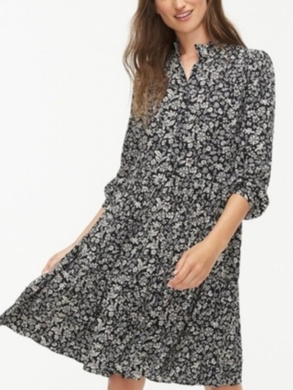 JCrew Black And Ivory Shirt-Dress In Tossed Bouquet Print